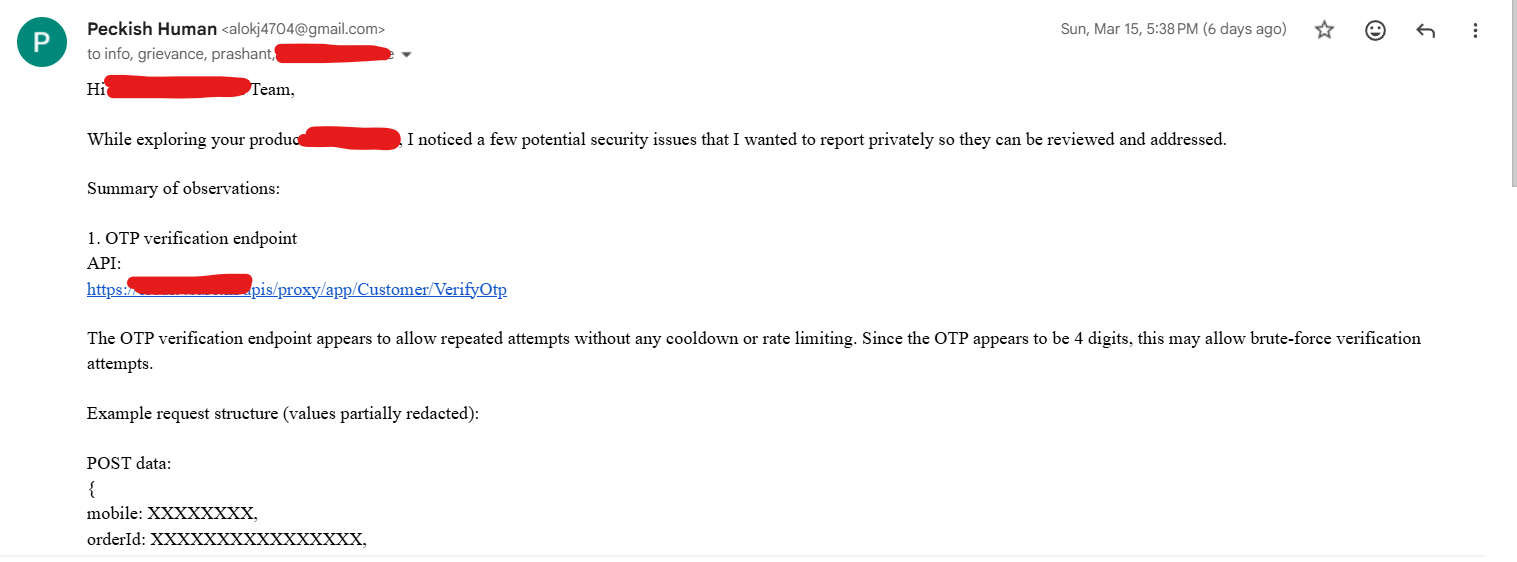 I found a major vulnerability in an RBI-registered app and was offered a job screenshot 1
